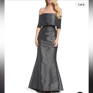 Vince Camuto Off the Shoulder Ruched Metallic Gunmetal Gown size 4